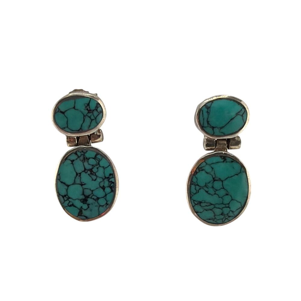 Vintage Sterling Silver and Turquoise Oval Cabochon Earrings
